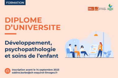 Vignette illustrant la formation (Diplôme d'Université) Développement, psychopathologie et soins de l'enfant. Inscriptions avant le 14 septembre 2023 à l'adresse e-mail : sabine.barbe@ch-esquirol-limoges.fr