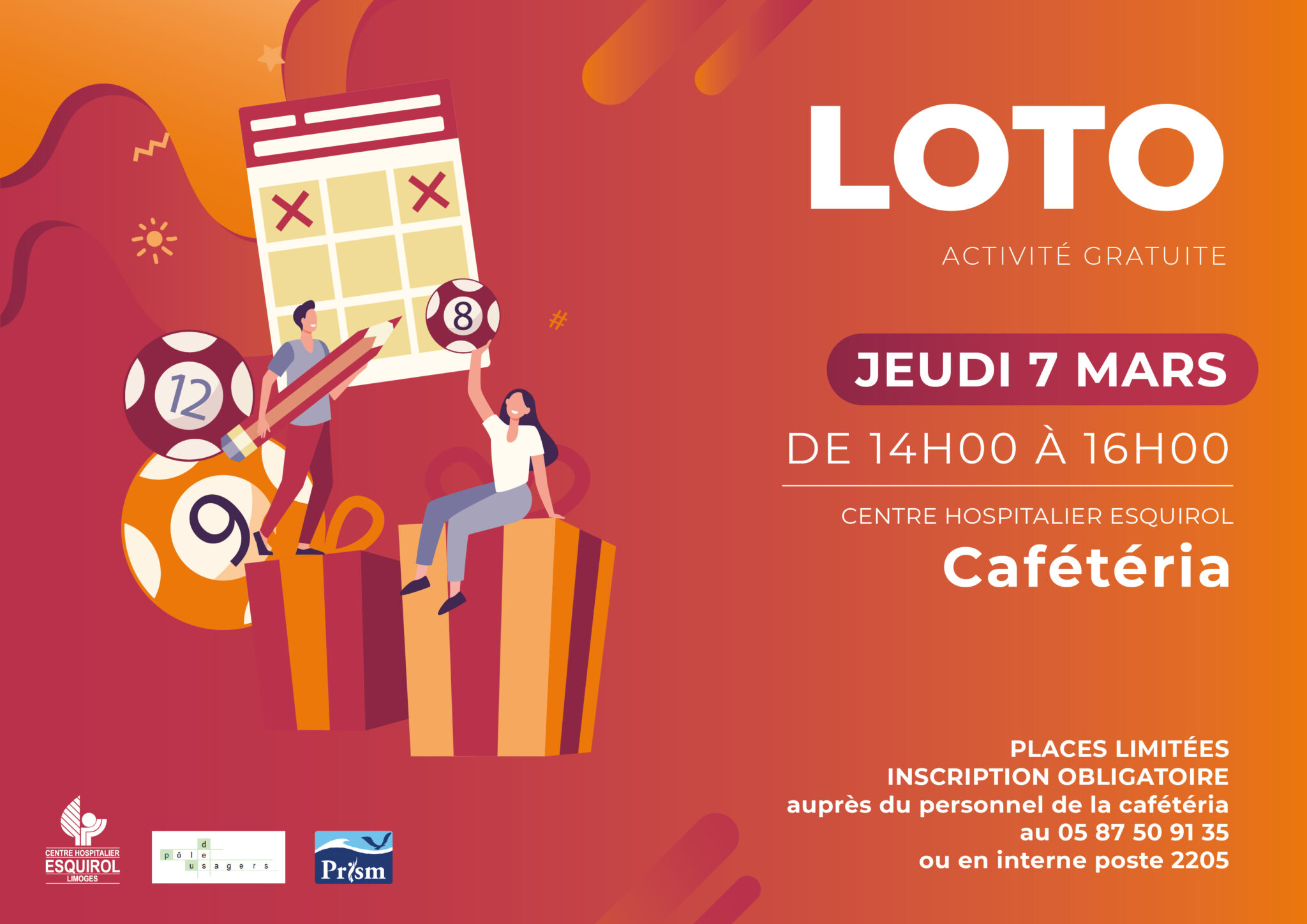 Loto organisé à la cafétéria du CH Esquirol pour les usagers le jeudi 7 mars 2024 de 14h à 16h