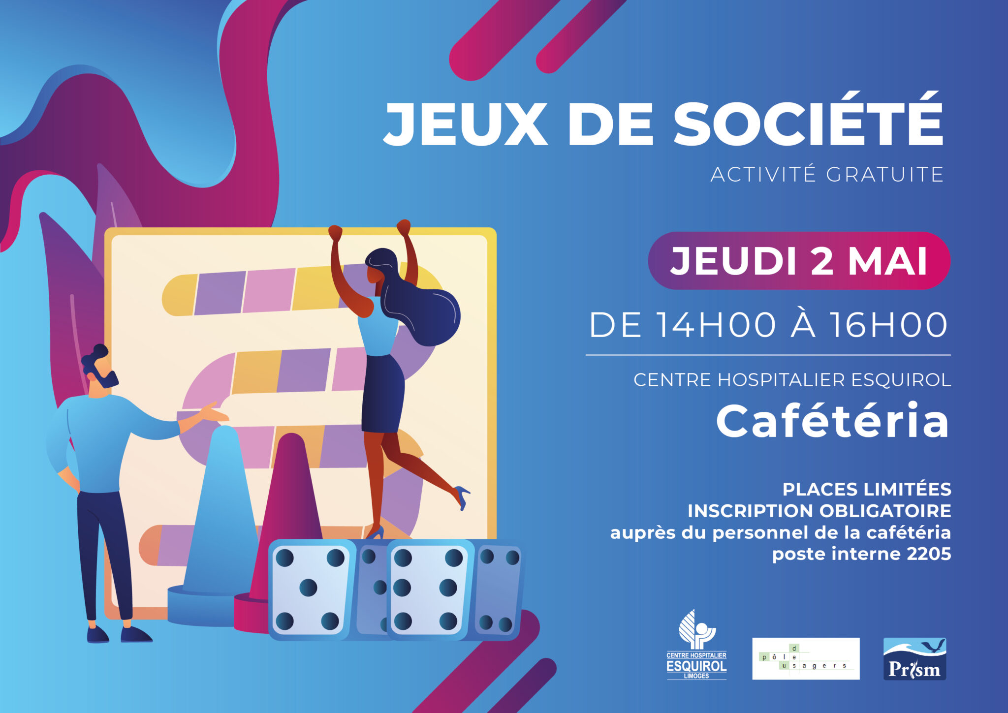 Jeudi 2 mai à la cafétéria du centre hospitalier Esquirol : jeux de société . Places limitées / inscription obligatoire. Renseignement au 05 55 43 10 10