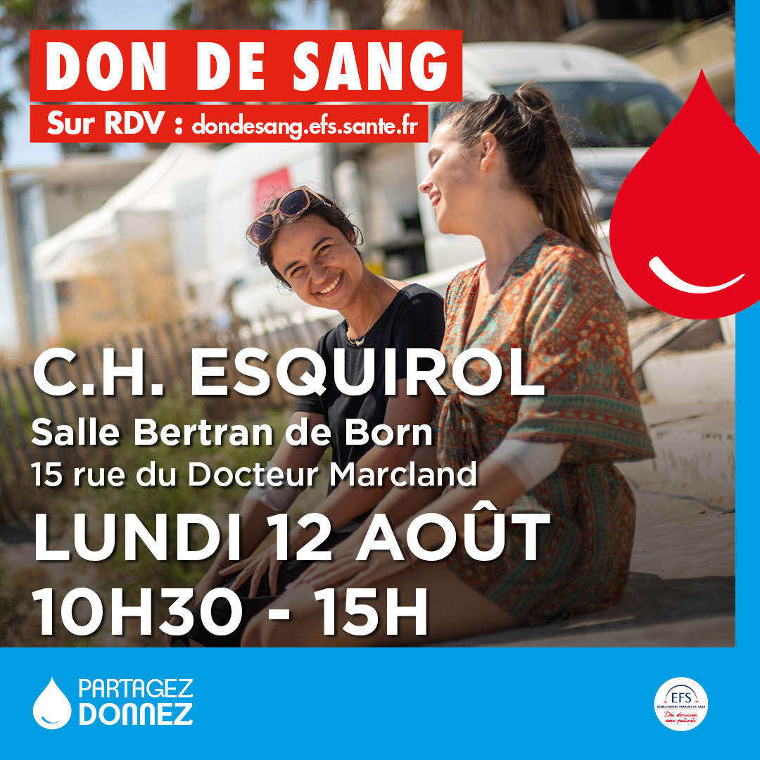 Don du sang salle bertran de born le lundi 12 août de 10h30 à 15h